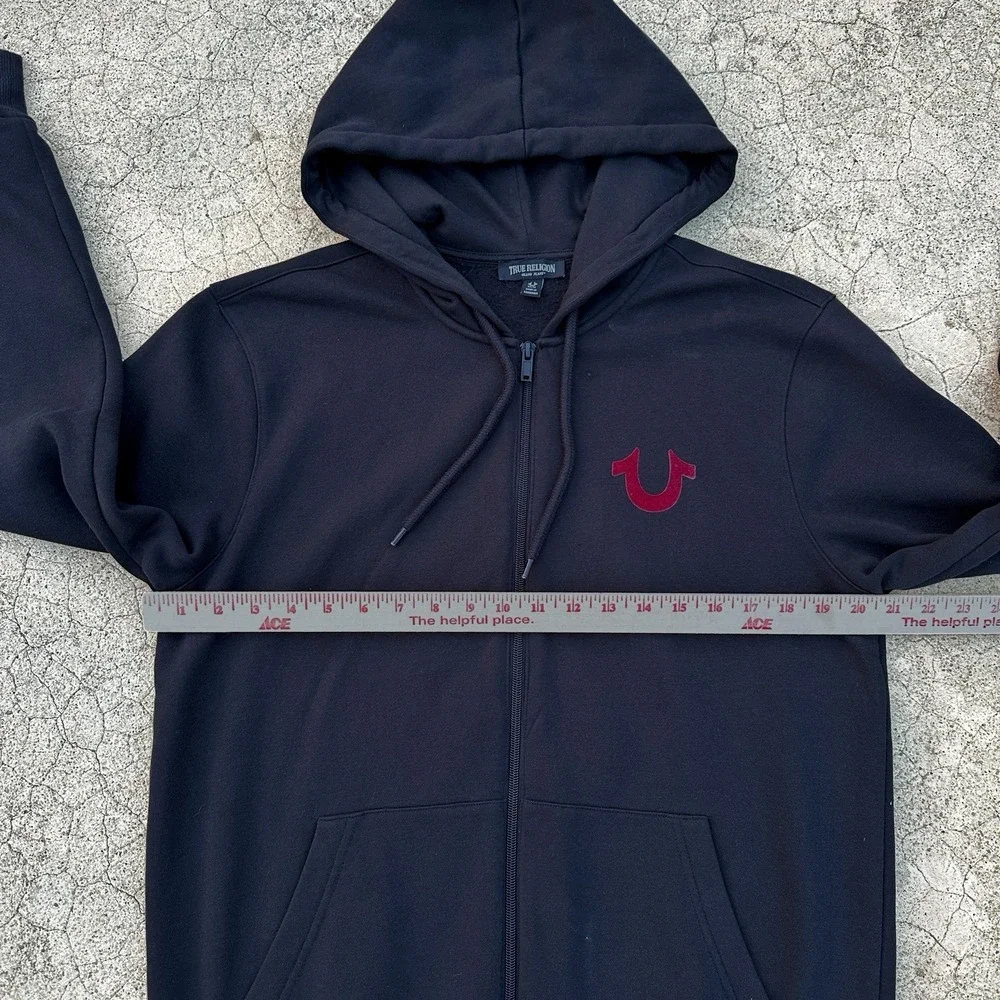 True Religion Hoodie Mens Size M Black Full Zip Horseshoe Logo Sweatshirt Casual